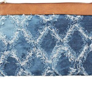 Women Distressed Denim Evening Purse Pu Leather Clutch Handbag Rhombus Pattern W
